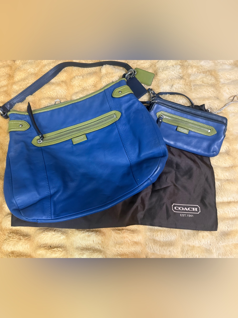Coach Blue Leather Shoulder Bag with Green Trim and Wristlet